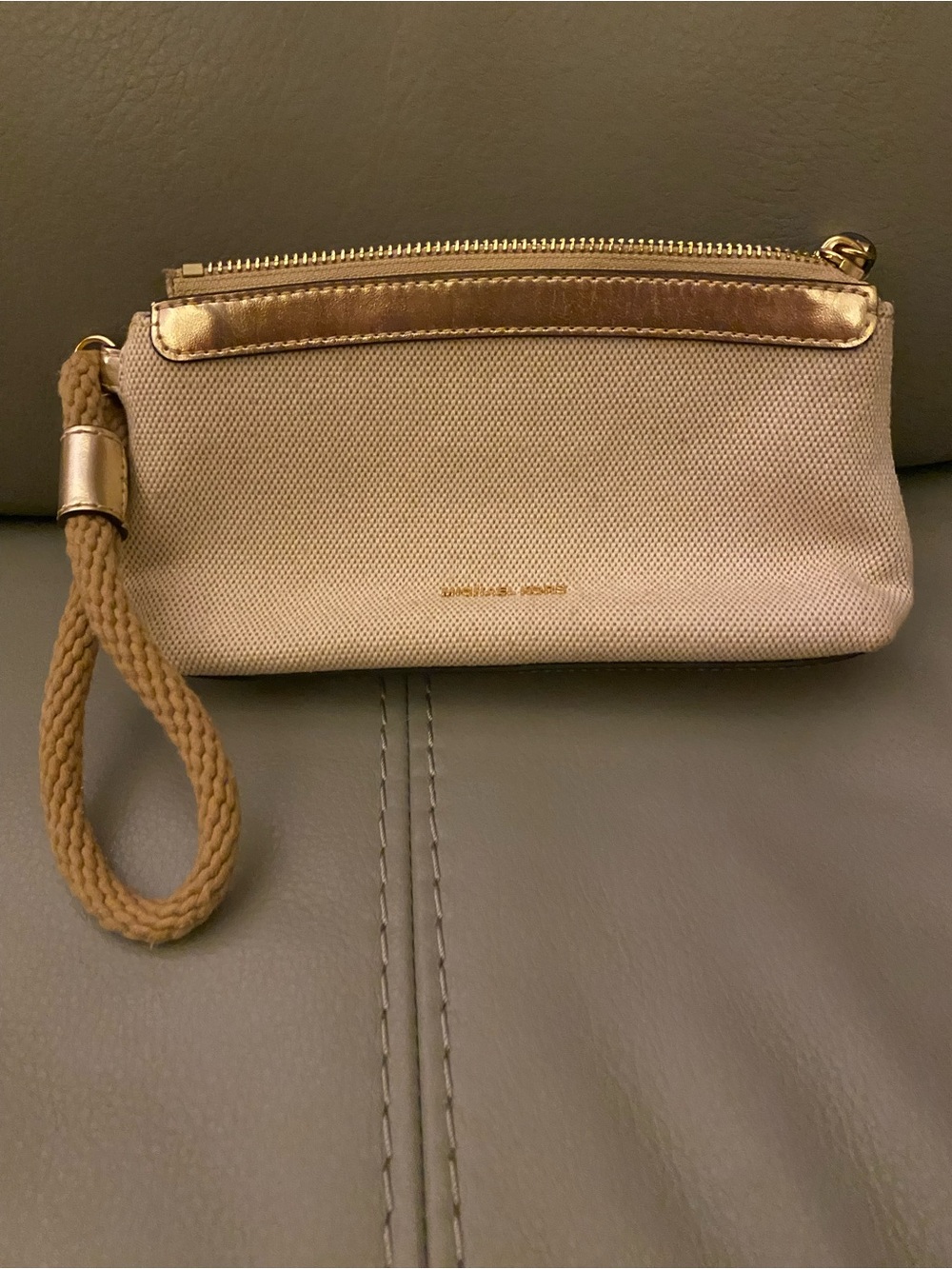 Michael Kors Taupe-Beige Wristlet with Gold Trim